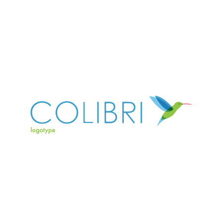 Colibri logo. Bird logotype. Blue, green colored flying bird.のイラスト素材