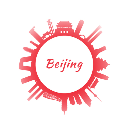 Silhouette Beijing Skyline with red Buildings. Image for Presentation Banner Placard and Website. Circle style. Vector illustration.のイラスト素材