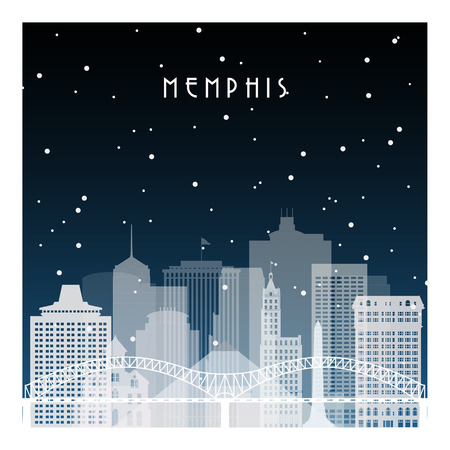 Winter night in Memphis. Night city in flat style for banner, poster, illustration, game.のイラスト素材