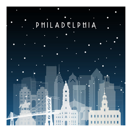 Winter night in Philadelphia. Night city in flat style for banner, poster, illustration, game, background.のイラスト素材