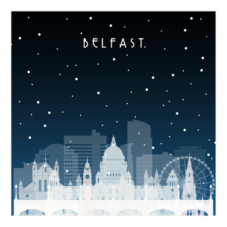 Winter night in Belfast. Night city in flat style for banner, poster, illustration, game, background.のイラスト素材