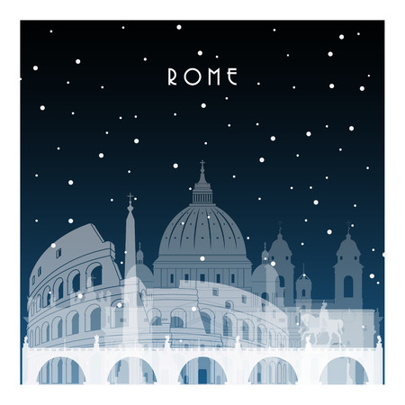 Winter night in Rome. Night city in flat style for banner, poster, illustration, game, background.のイラスト素材