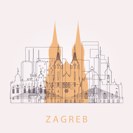 Outline Zagreb skyline with landmarks. Vector illustration. Business travel and tourism concept with historic buildings. Image for presentation, banner, placard and web site.のイラスト素材