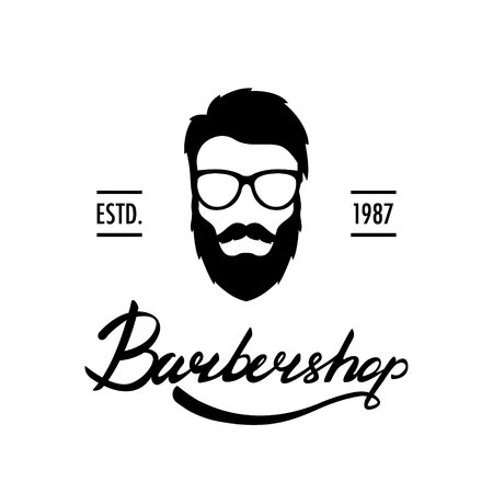 Barber Shop logo or label. Portrait of man with beard and mustache. Hipster face. Lettering vector illustration.のイラスト素材