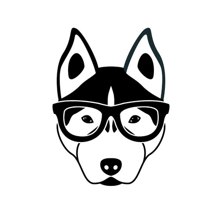 Portrait of husky dog with glasses, black and white flat style. Vector illustration of Hipster dog.のイラスト素材
