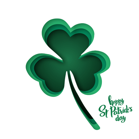 Paper cut shapes with silhouette of shamrock and lettering Happy St.Patrick's Day. Origami concept design vector background.のイラスト素材