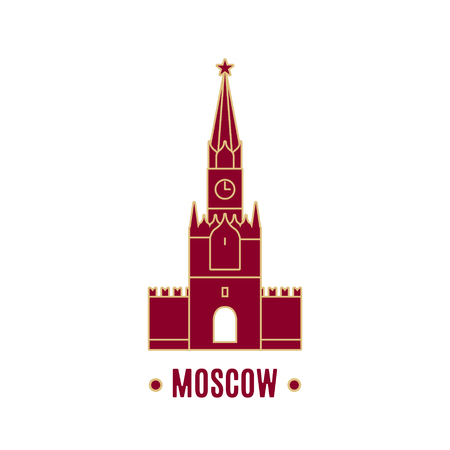 Illustration of Spasskaya tower isolated on white background. Line art. Kremlin tower. Moscow landmark.のイラスト素材