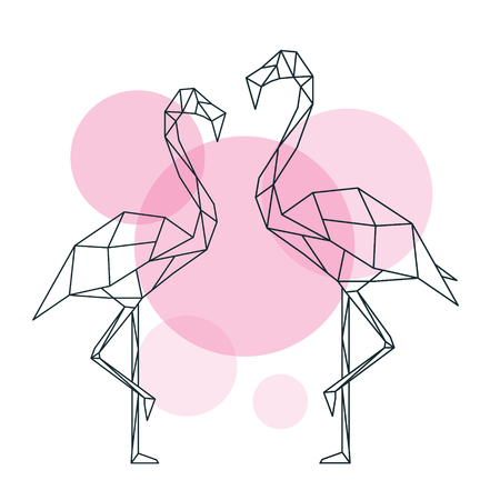 Beautiful flamingo illustration in geometric style of abstract on circles background. Minimal summer poster. Vector illustration.のイラスト素材