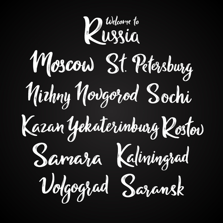 Welcome to Russia colorful vector lettering set. Phrase Welcome to Russia and Russian cities names St. Petersburg; Moscow; Kazan; Sochi; Rostov; Kaliningrad; Samara; Saransk; Volgograd; Nizhny Novgorod; Yekaterinburg written by hand.のイラスト素材