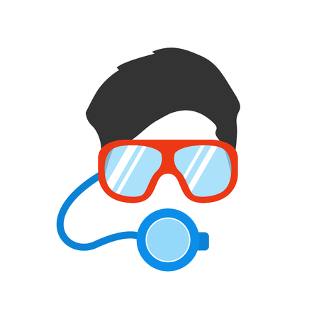 Portrait of man in mask and glasses for underwater swimming. Scuba diver. Flat style people icon. Vector illustration.のイラスト素材