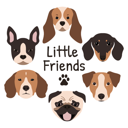 Set of 6 dog icons featuring the muzzle of a Pug, French Bulldog, Jack Russel Terrier, Dachshund, Beagle and Cavalier King Charles Spaniel. Vector illustration.のイラスト素材