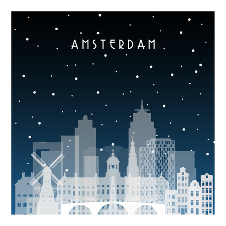 Winter night in Amsterdam. Night city in flat style for banner, poster, illustration, background.のイラスト素材