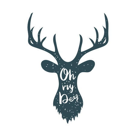 Trendy poster with Deer silhouette and lettering Oh my Deer. Hand drawn calligraphy. Vector illustration.のイラスト素材
