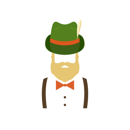 Bearded man in green traditional german hat. Hipster icon. Vector illustration isolated on white background.のイラスト素材