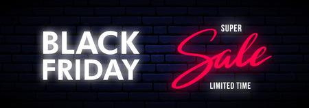 Black Friday neon long horizontal banner. Bright sale sign.  Vector light signboard.のイラスト素材