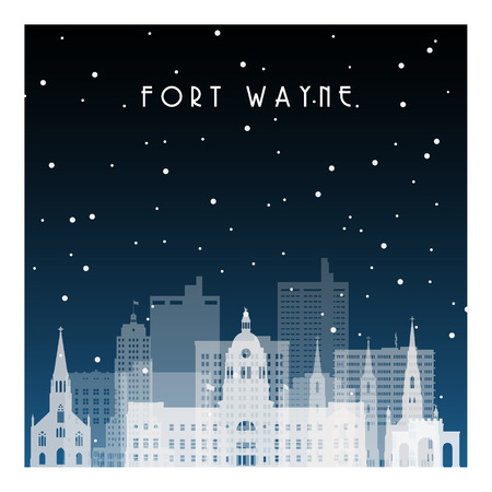 Winter night in Fort Wayne. Night city in flat style for banner, poster, illustration, background.のイラスト素材
