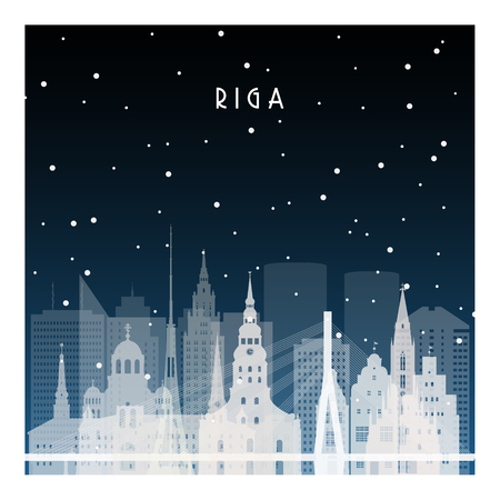 Winter night in Riga. Night city in flat style for banner, poster, illustration, background.のイラスト素材