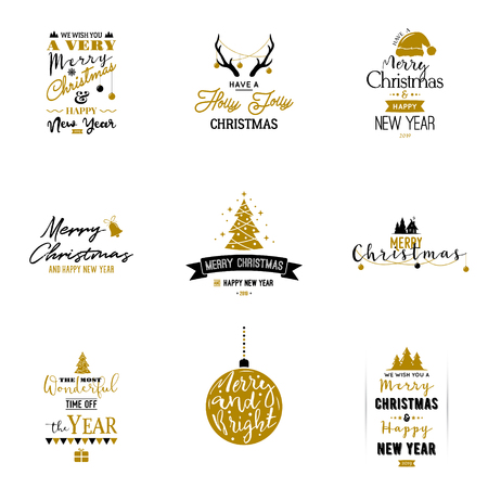 Set of Merry Christmas and Happy New Year card. Typography design for xmas and new year. Vector illustration.のイラスト素材