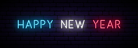 Happy New Year neon sign. Long horizontal light banner. Vector bright signboard.のイラスト素材