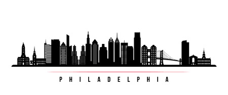 Philadelphia city skyline horizontal banner. Black and white silhouette of Philadelphia. Vector template for your design.のイラスト素材