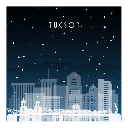 Winter night in Tucson. Night city in flat style for banner, poster, illustration, background.のイラスト素材