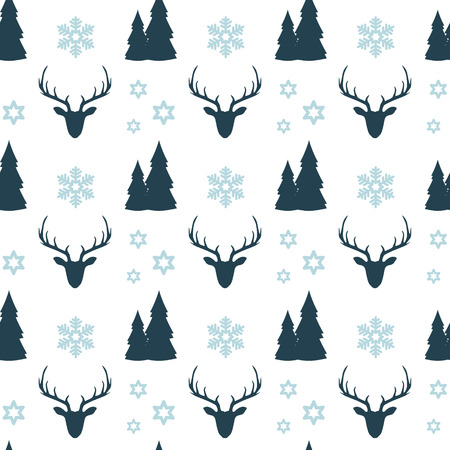 Christmas seamless pattern with blue deers, houses, fir trees, snowflakes and stars on white background. New Year wallpaper.のイラスト素材