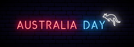Australia Day long banner with Neon inscription and kangaroo. Vector light signboard.のイラスト素材