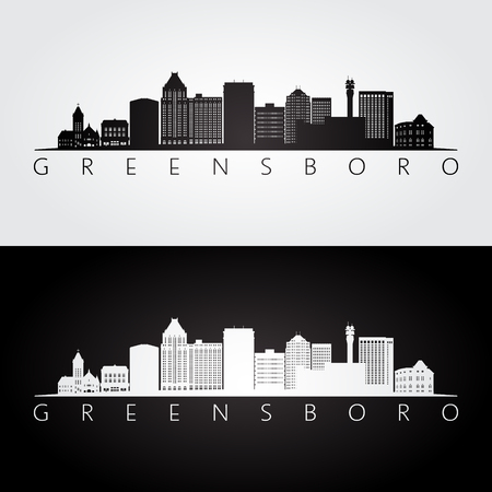 Greensboro USA skyline and landmarks silhouette, black and white design, vector illustration.のイラスト素材