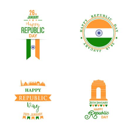 Happy Indian Republic day banners set with text 26 January and Indian Landmarks. Vector design templates for badges, posters, greeting card, postcard, etc.のイラスト素材