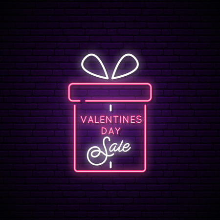 Sale neon signboard, the gift box and text on dark brick wall. Design template for Happy Valentines Day. Vector advertising banner.のイラスト素材