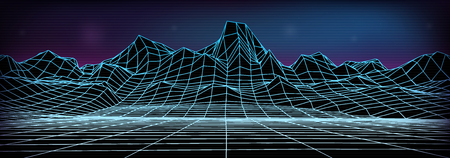 Abstract wireframe landscape background. Cyberspace neon blue grid. 3d mountine vector illustration.のイラスト素材