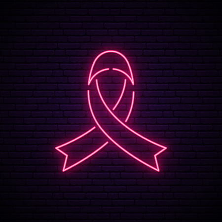 World cancer day neon sign. Glowing Pink ribbon on a dark brick wall background. Vector illustration.のイラスト素材