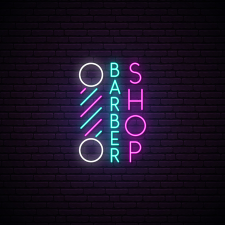 Barbershop neon sign. Hairdressing Emblem. Advertising light banner. Vector illustration in neon style.のイラスト素材