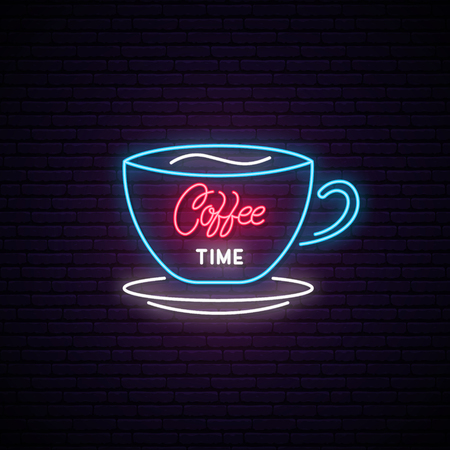 Coffee time neon sign. Light coffee cup on brick wall background. Cafe or coffee store emblem. Vector illustration in neon style.のイラスト素材