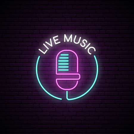Microphone neon sign. Live music bright emblem. Light mic on the brick wall background. Vector illustration in neon style.のイラスト素材