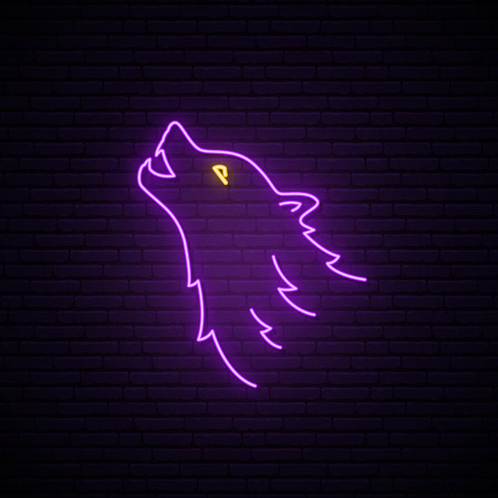 Wolf head neon sign. Purple wild wolf bright emblem. Vector illustration in neon style.のイラスト素材