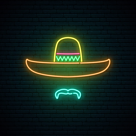 Sombrero and mustache glowing neon sign on dark brick wall background.のイラスト素材
