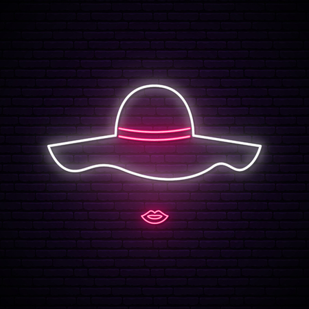 Lady with hat neon sign. Night bright signboard.のイラスト素材
