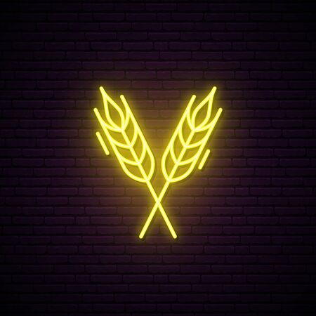 Wheat Spikes neon sign. Bright signboard. Store or cafe neon emblem. Vector illustration.のイラスト素材