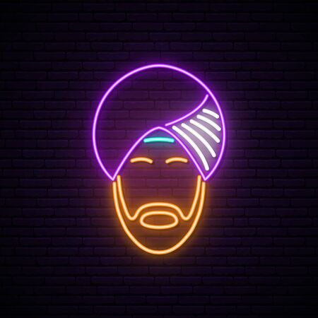 Neon sign of Indian man in national headdress. Light signboard. Vector illustration.のイラスト素材