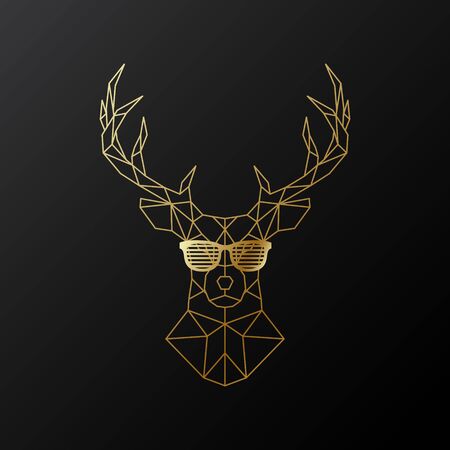 Golden polygonal Deer in glasses. Illustration isolated on black background. Geometric animal emblem. Vector illustration.のイラスト素材