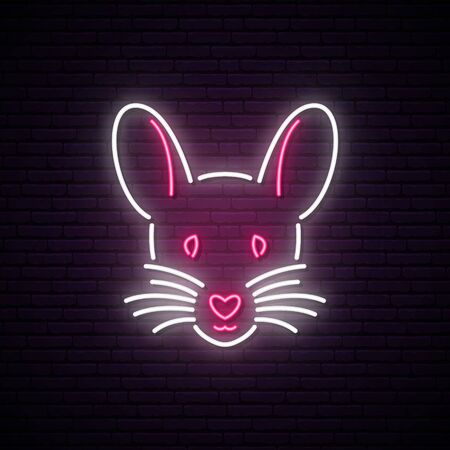 Neon mouse sign. New Year 2020 symbol. Vector mouse emblem in neon style.のイラスト素材