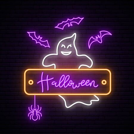Neon Ghost sign. Vector Happy Halloween illustration with Ghost, Bats and Spider.のイラスト素材