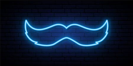 Neon blue mustache sign on brick wall background. Vector illustration.のイラスト素材