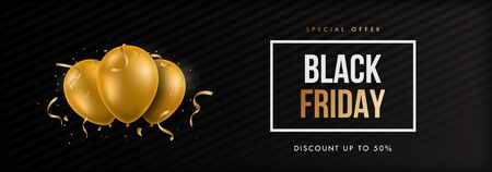 Horizontal vector banner with 3d golden balloons for Black Friday sale. Good for website, bilboard and etc.のイラスト素材