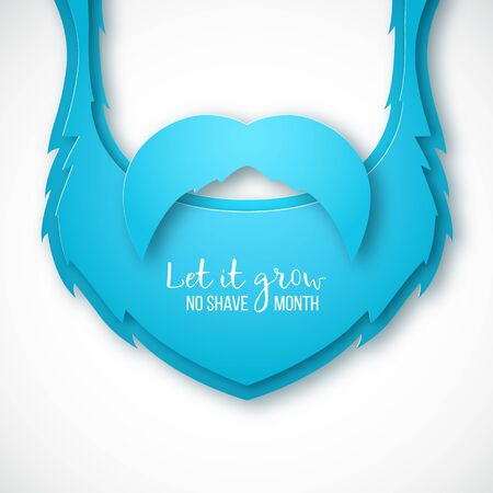 Vector paper art blue beard, mustache and inscription Let it grow, no shave month. Men's health concept background. のイラスト素材