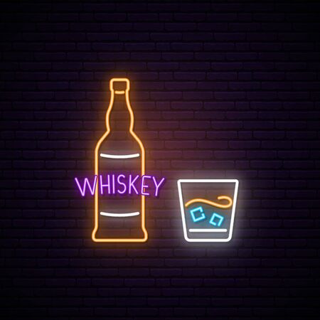 Neon Whiskey sign. Bright light signboard with bottle and glass of whiskey.のイラスト素材