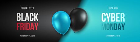 Black Friday and Cyber Monday banner long narrow header for website. 3d black and blue realistic balloons and sale text. Stock vector illustration.のイラスト素材