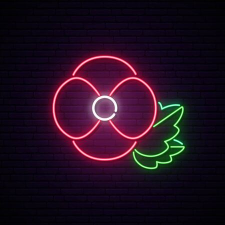 Remembrance Day also known as Poppy Day. Anzac Day neon signboard. Neon Poppy symbol. Stock vector illustration.のイラスト素材
