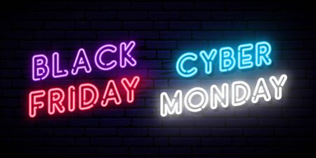 Set of Black Friday and Cyber Monday neon designs. Concept vector template for promo and discount advertising. Web and social media banner.のイラスト素材